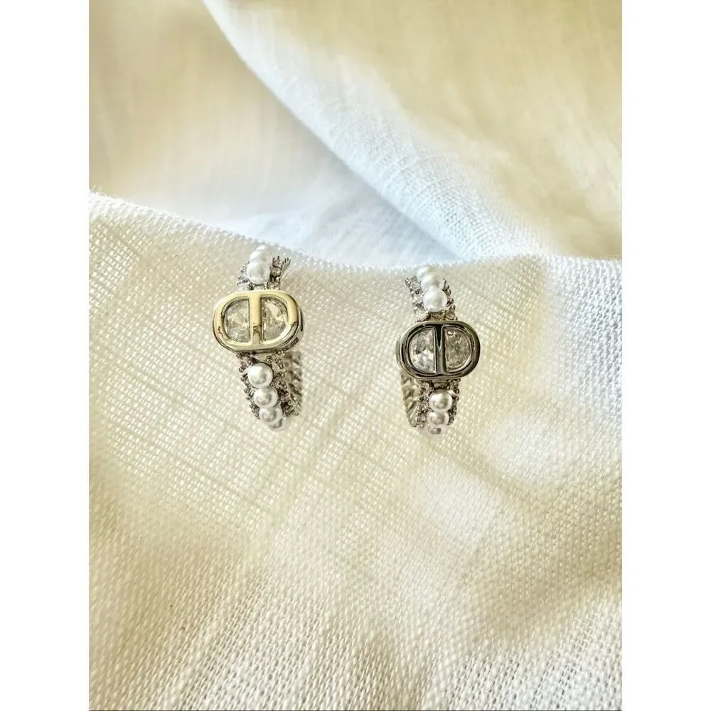 Cubic zirconia faux pearl hoop earrings